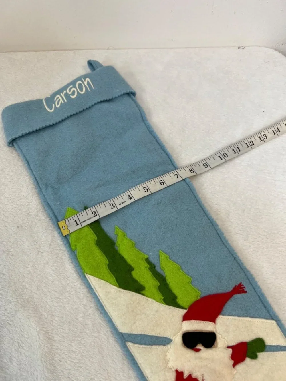 Garnet Hill Wool Christmas Stocking Light Blue Santa Snowboarding 24